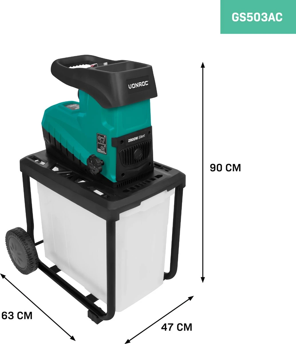 VONROC Stille Hakselaar/Shredder 2800W – Voor Takken Tot Ø45mm – Incl. 60L Opvangbak & Duwstok 5 VONROC Stille Hakselaar/Shredder 2800W – Voor Takken Tot Ø45mm – Incl. 60L Opvangbak & Duwstok - Afbeelding 3