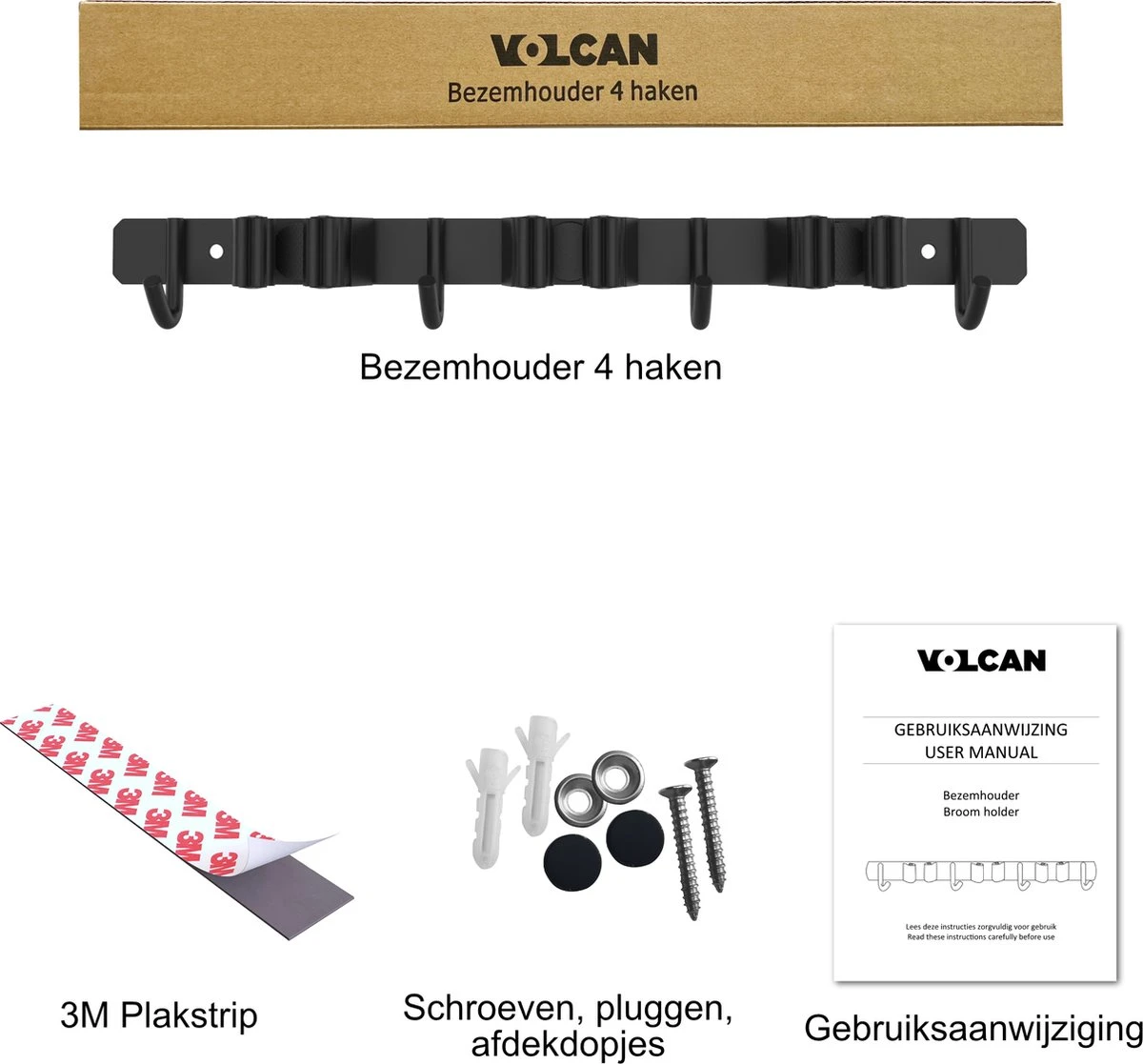 Volcan Bezemhouder - Bezem Ophangsysteem Tuingereedschap - Gereedschapshouder - Zelfklevend - 3M Tape - 3 Houders 4 Haken - RVS Zwart 9 Volcan Bezemhouder - Bezem Ophangsysteem Tuingereedschap - Gereedschapshouder - Zelfklevend - 3M Tape - 3 Houders 4 Haken - RVS Zwart - Afbeelding 7