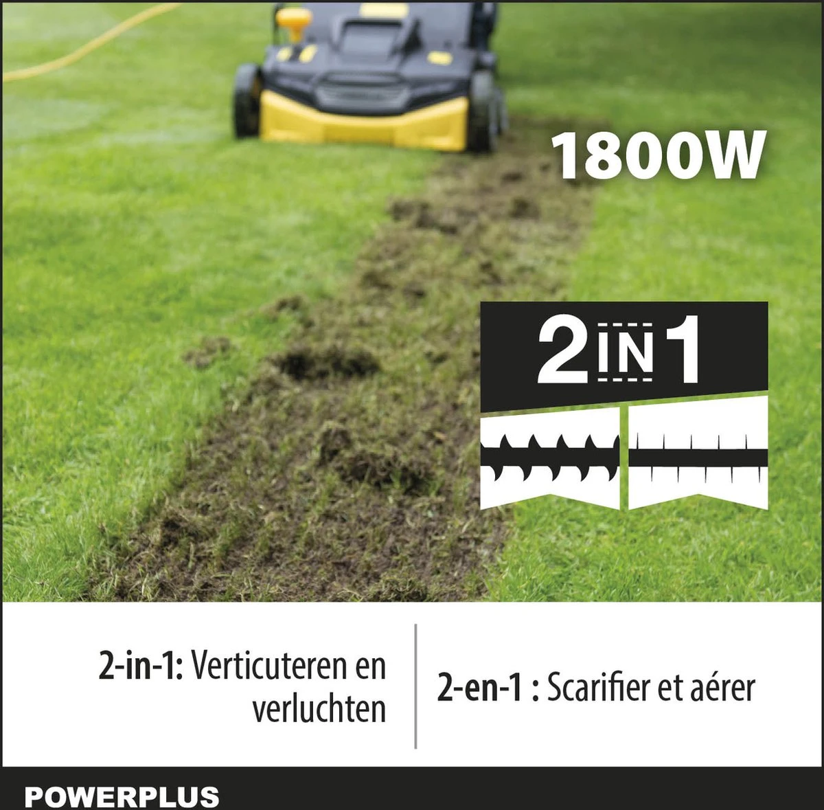 Powerplus POWXG7516 Elektrische Verticuteermachine - Mos Verwijderaar - 1800W - 360mm Maaibreedte- 45L Opvangbak - Incl. Gazonbeluchter/grasbeluchter 4 Powerplus POWXG7516 Elektrische Verticuteermachine - Mos Verwijderaar - 1800W - 360mm Maaibreedte- 45L Opvangbak - Incl. Gazonbeluchter/grasbeluchter - Afbeelding 2