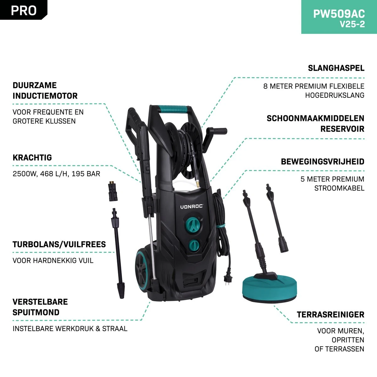 VONROC PRO Hogedrukreiniger V25-2 – 2500W – 195 Bar – 468 L/h – Duurzame Inductiemotor – Incl. 8m Slang, Slanghaspel, Terrasreiniger, Reinigingstank En Meer 7 VONROC PRO Hogedrukreiniger V25-2 – 2500W – 195 Bar – 468 L/h – Duurzame Inductiemotor – Incl. 8m Slang, Slanghaspel, Terrasreiniger, Reinigingstank En Meer - Afbeelding 5